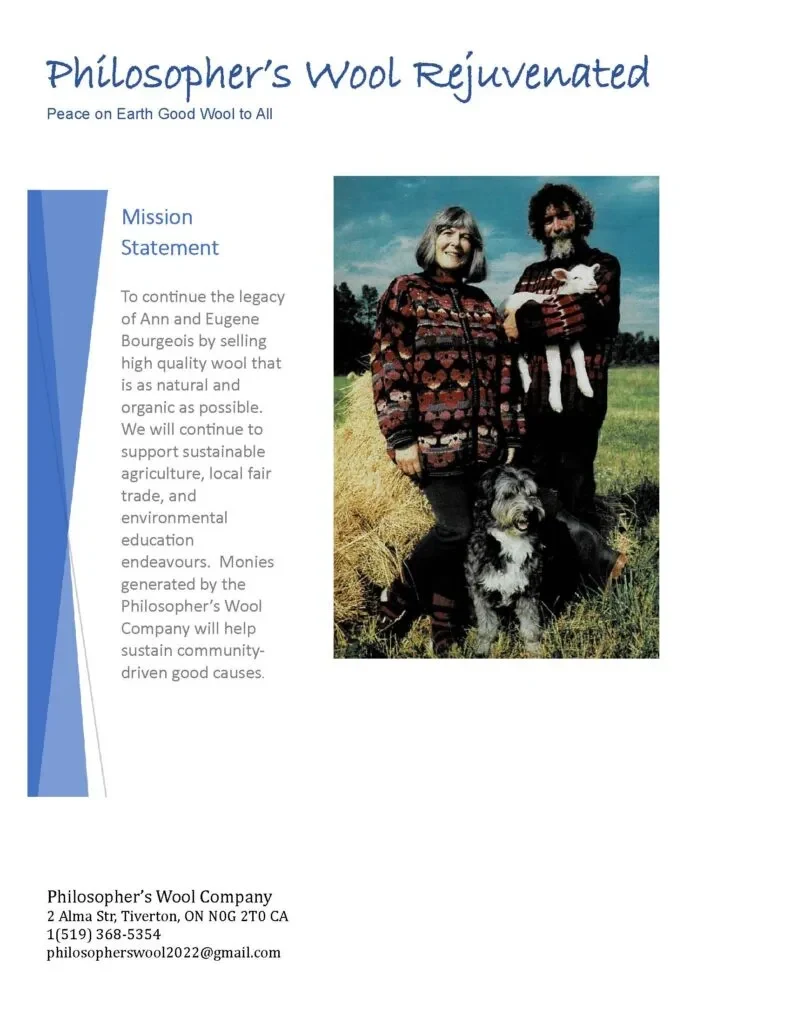 The Philosopher's Wool Rejuvenated mission sheet featuring Ann and Eugene Bourgeois on their farm
